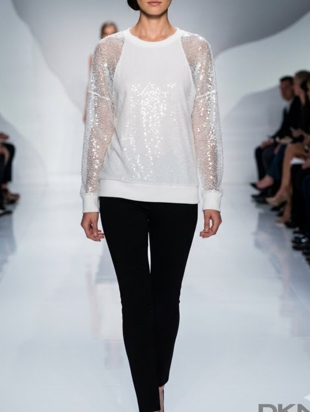 DKNY White Sequin Long Sleeve Mesh Top